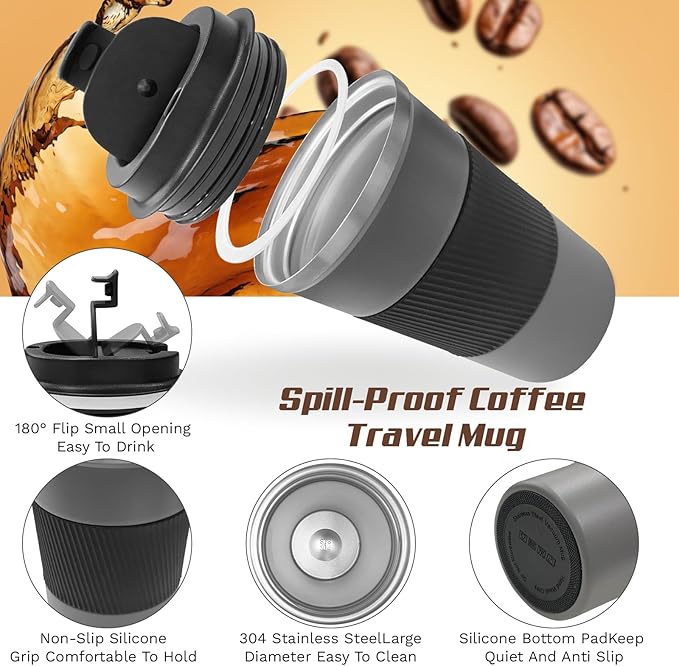 Vacuum-Insulated Stainless Steel Travel Coffee Mug, Leak-Proof Reusable Coffee Cup with Lid-Keeps Drinks Hot & Cold for Hours, Durable Double Wall Tumbler for Men & Women (3rd-Grey, 12OZ)