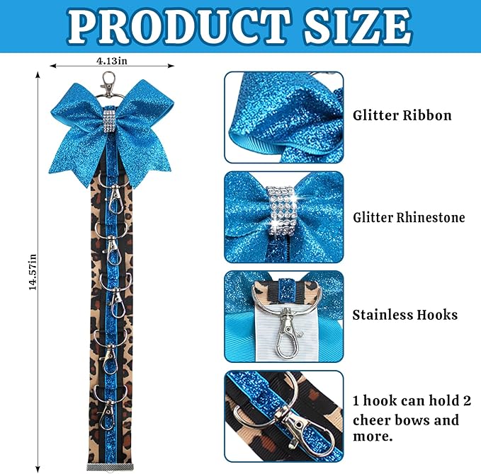 ALIBBON Cheer Bow Holder Glitter Teal Blue Leopard Print Hair Bow Holder Cheer Keychain for Cheerleading Backpack Bag Cheerleader Gifts Sports Cheerleading Bows Storage Hanging Ribbon Chain 5 Clasps
