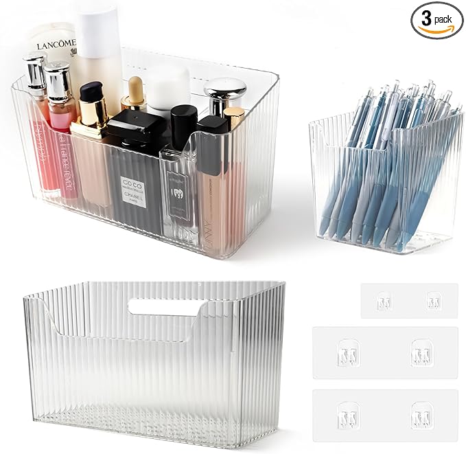 "Set of 3 Shower Caddy & Cabinet Door Organizer - Wall Mounted Shower Shelves with Adhesive, Stackable Plastic Shower Organizer, Clear Bathroom Organizers for Kitchen, Pantry (BPA Free, Large)"