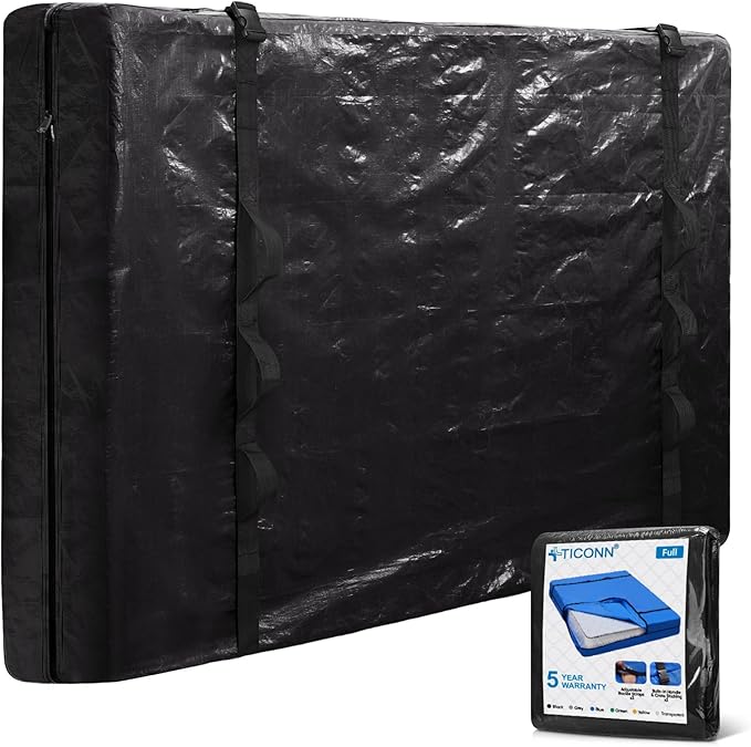 TICONN Mattress Bags for Moving, Heavy Duty Full Mattress Cover Storage Bag with Full-Around Handle and Adjustable Buckles (Black, Full)