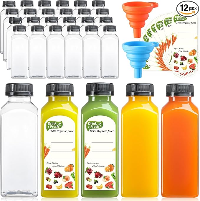12 Pack, 12 OZ Reusable Plastic Juice Bottles with Caps, Plus 12 Labels & 2 Silicone Funnels - Clear Juicing Bottles for Juice, Smoothies, Ginger, Tea, Coffee - Food Grade & Leakproof Travel Bottles