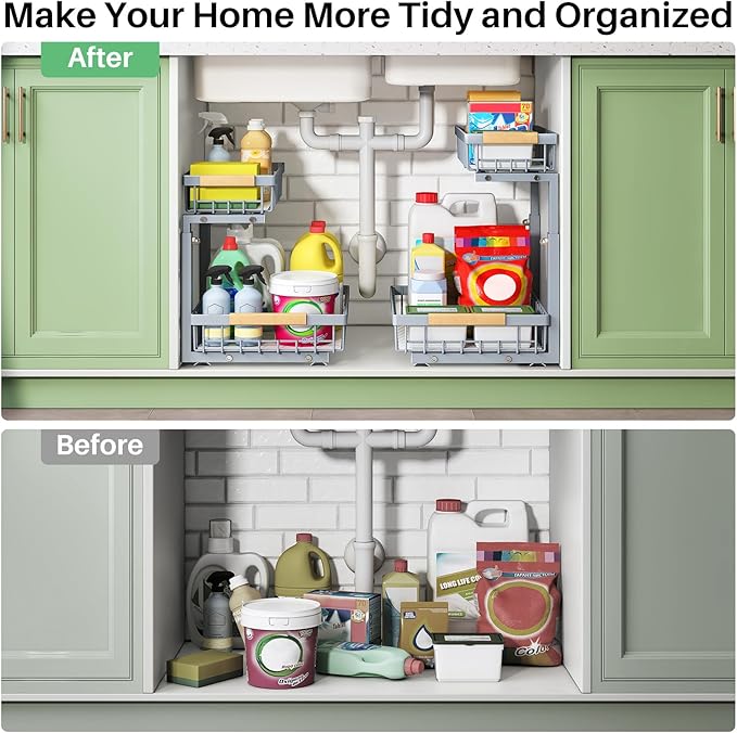 Kitstorack Under Sink Organizer, 2 Tier Under the Sink Storage, Slide out Pull out Cabinet Organizer Shelf, Metal Sliding Drawer for Kitchen Bathroom Pantry Closet Organization Rack, Grey, 2 Pack
