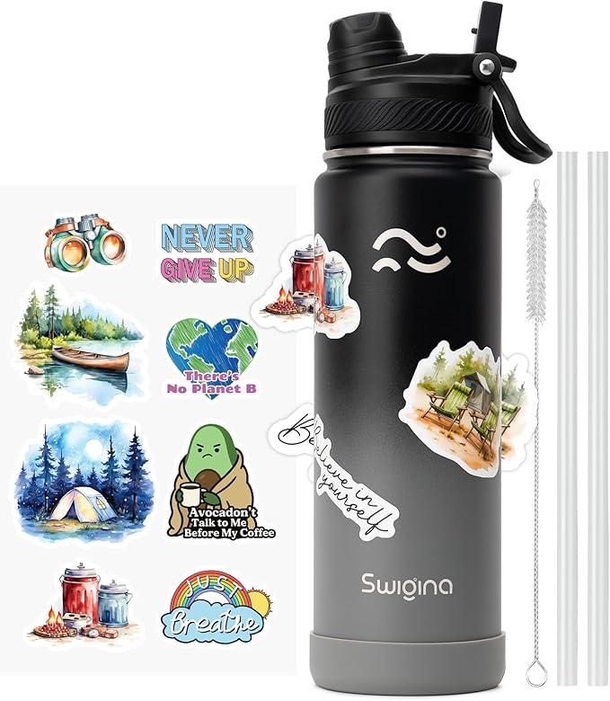 [2-IN-1 LID] Insulated Water Bottle with Silicone Boot (36hrs Cold/18hrs Hot) - DIY Stickers, Leakproof, BPA Free, 24 oz