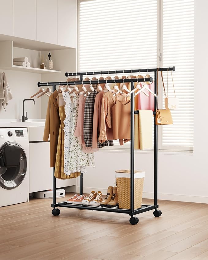 Metal Clothes Rack - Double Rod Clothing Rack with Fixed Extension Rod & Universal Wheels, Coat Rack with Built-In Shelf for Closet Organizers and Storage (38.5" x 16.9" x 59.0", Black)