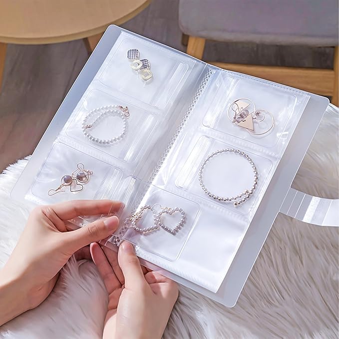 Portable Jewelry Storage Organizer, Clear Double-Sided Protective Folder with Snap Closure, Multi-Compartment Display Book for Necklaces, Earrings, Rings (3 inches - 84)
