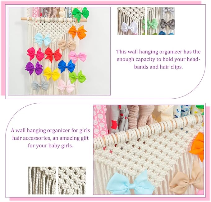 Cabilock Girls Hair Accessories Organizer Wall Hanging Hair Bow and Headband Holder Cotton Rope Scrunchies Storage for Room Decor for Clips and Ties