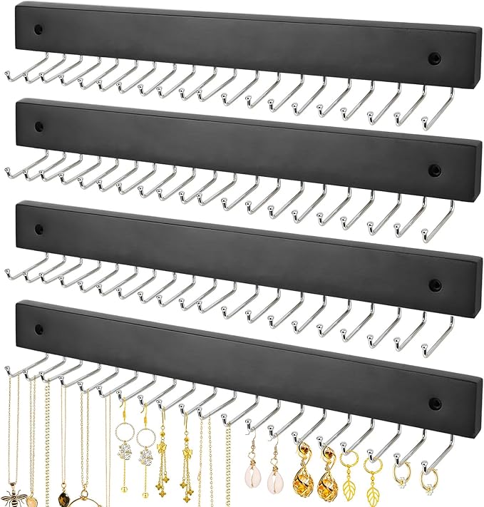 4 Pack Necklace Holder Wall Mount, Hanging Jewelry Organizer with 80 Hooks Total, Space Saving Wooden Necklace Holder for Wall, Necklace Organizer Hanging for Necklaces, Bracelets, Pendant