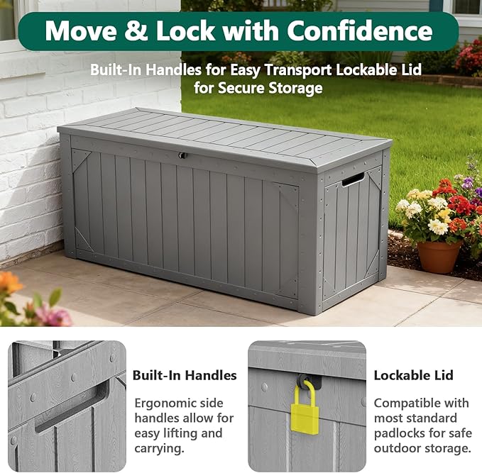 100 Gallon Outdoor Storage Box, Waterproof Resin Deck Box Organizer for Patio Cushion Storage, Lockable Outside Container for Garden Tools