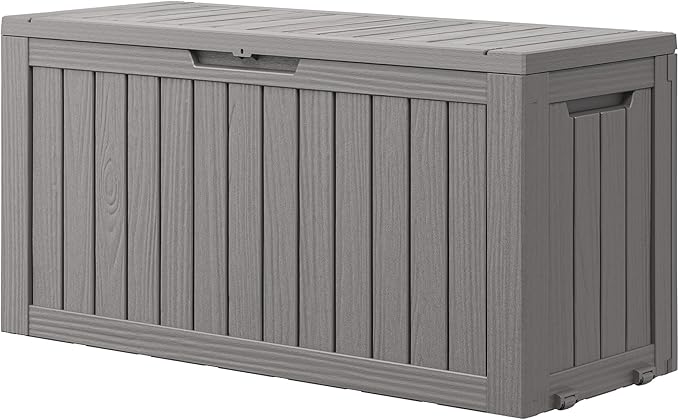 KAMABOKO Deck Box, 75 Gallon Resin Indoor and Outdoor Storage Boxes Waterproof for Garden Tools, Pool Accessories Storage Bench, Patio Furniture and Cushions with Lockable Lid, Grey