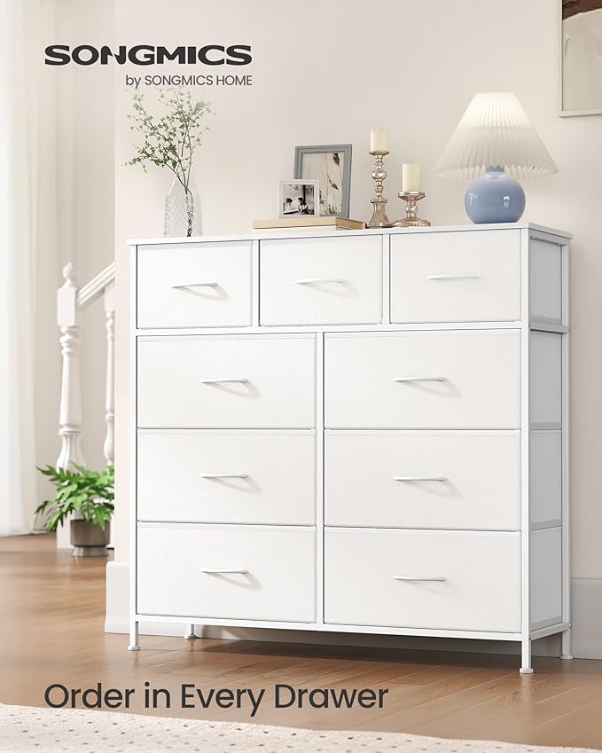 SONGMICS Dresser for Bedroom, Chest of Drawers, Steel, MDF, 9 Non-Woven Fabric Drawers, Storage Organizer Unit, Closet, Entryway, Cloud White and Snow White LGS324W01S