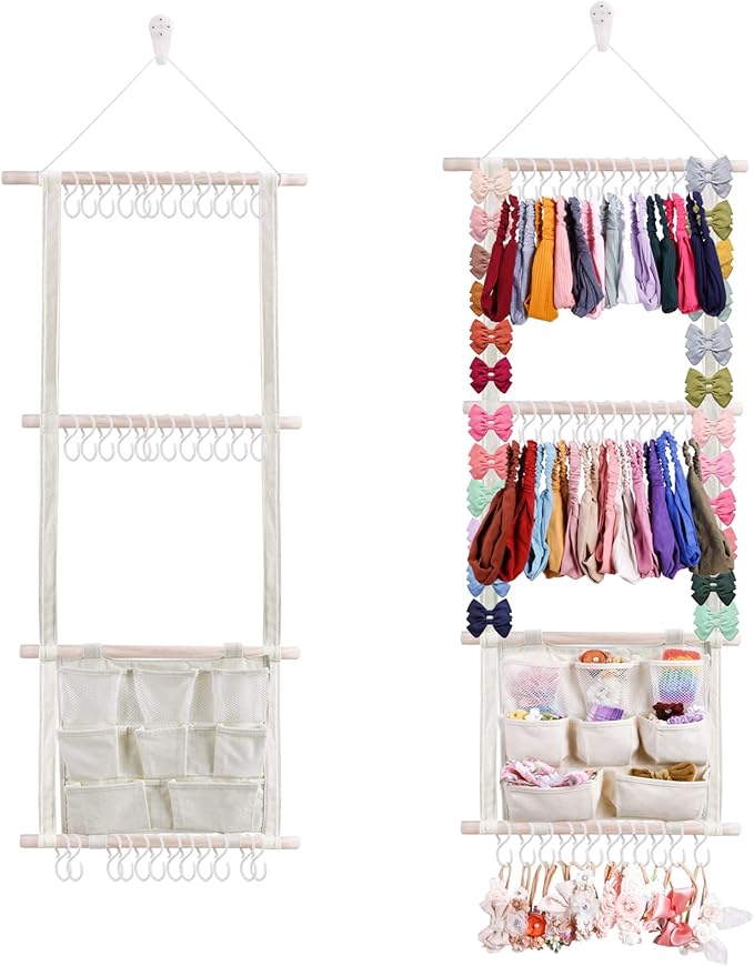 cherrboll Hair Bows Holder Headband Organizer for Girls, Hair Clips Hanger Storage with Hooks, Wall Hanging Decor for Nursery Room