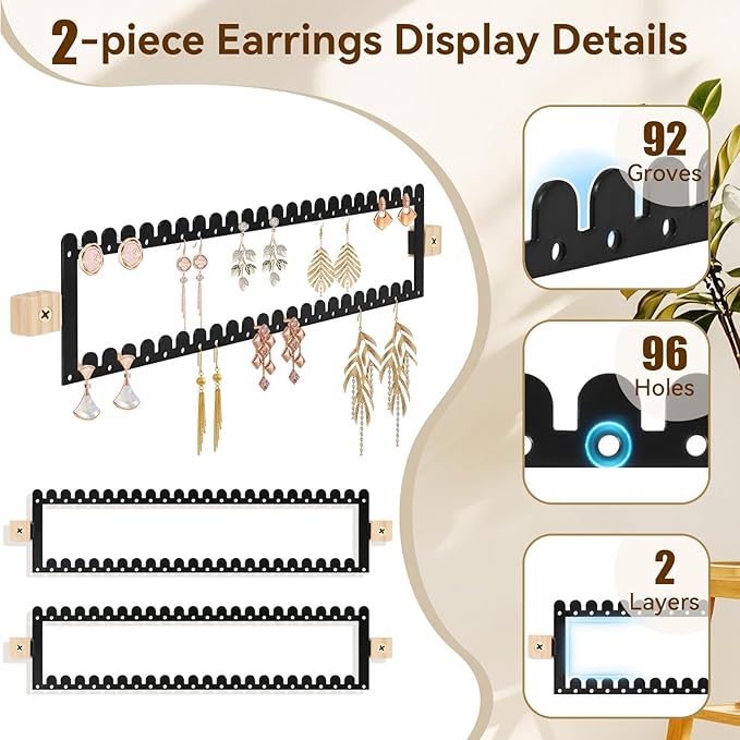 2 Tier Earring Holder Organizer Wall Mounted,2PCS Metal Earring Display Storage with 96 Holes and 92 Grooves Hanging Jewelry Organizer Tree for Stud/Hoop/Dangle Earrings Necklace(Black)
