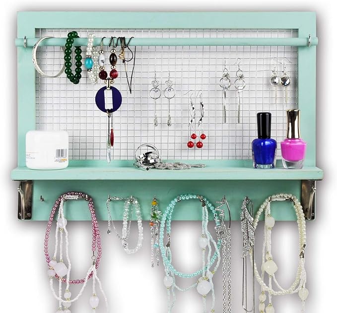 Wall Mount Jewelry Organizer with Shelf, Removable Rod, Hooks, Turquoise, 16.75 x 12 x 3 Inches, Earrings Necklaces Bracelets Rings Display Storage