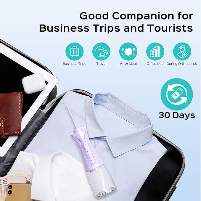 COSLUS Water Dental Flosser Pick for Teeth C30(FC5360): 4 Modes Cordless 300ML Larger Tank Portable Water Teeth Cleaner Picks IPX7 Waterproof Flossing Machine for Home Travel Purple