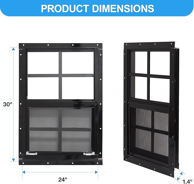 NeatiEase Upgraded Shed Windows 2 Pack, 24" x 30" Windows with Tempered Glass and Stainless Steel Screen for Shed, Chicken Coop, Playhouse, Household, Garage(Black)