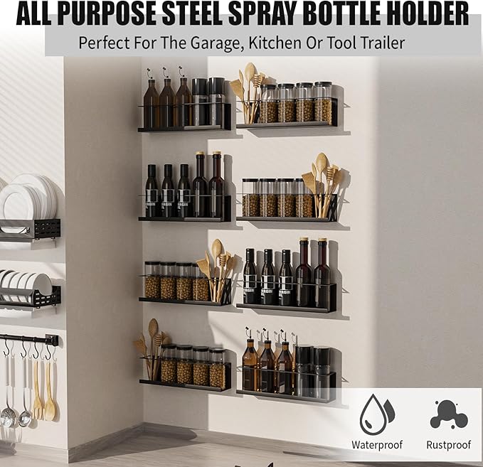 8 Pack Spray Bottle Holder Wall-Mounted, Aerosol Spray Can Holder Storage Rack, Heavy-Duty Paint Bottle Organizer with 40 Holes, Steel Black Spray Rack for Garage, Shop, Home or Tool Trailer