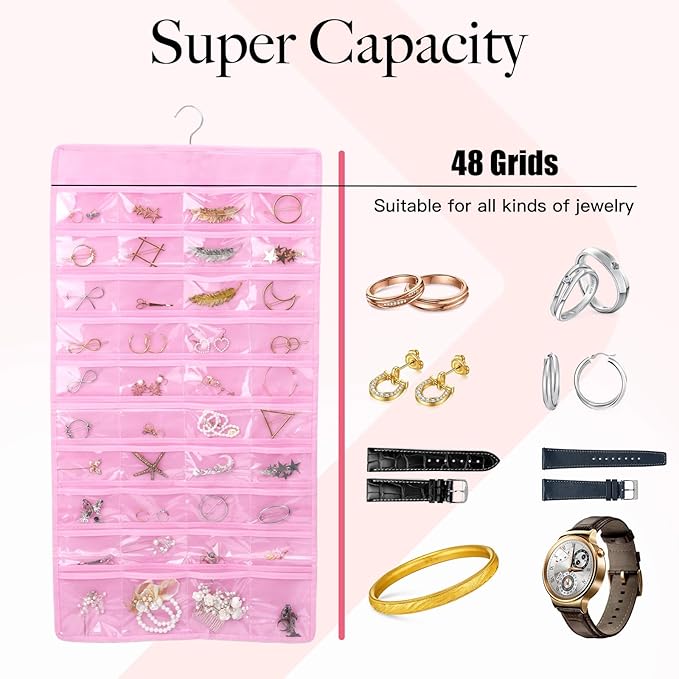 WRENYZK 2 Pcs Hanging Jewelry Organizer with Metal Hooks, Jewelry Holder Organizer with 20 Pcs Storage Bags, 48-Pocket Dual-sided Jewelry Storage for Earring Necklace Bracelet Ring (Black, Pink)