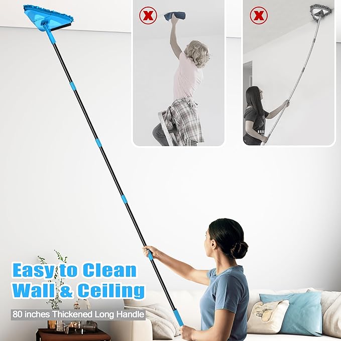 NEWE Wall Mop Cleaner with 80 Inches Long Handle, 180° Folding Ceiling Cleaning Tool with Squeegee (Blue)