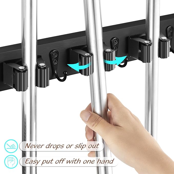 Black Mop Broom Holder Wall Mount with 4 Slots & 4 Hooks - Rustic Wood Broom Mop Hanger for Pantry Closet Laundry Room Organization - Heavy Duty Garden Tool Organizer - Black Kitchen Decor