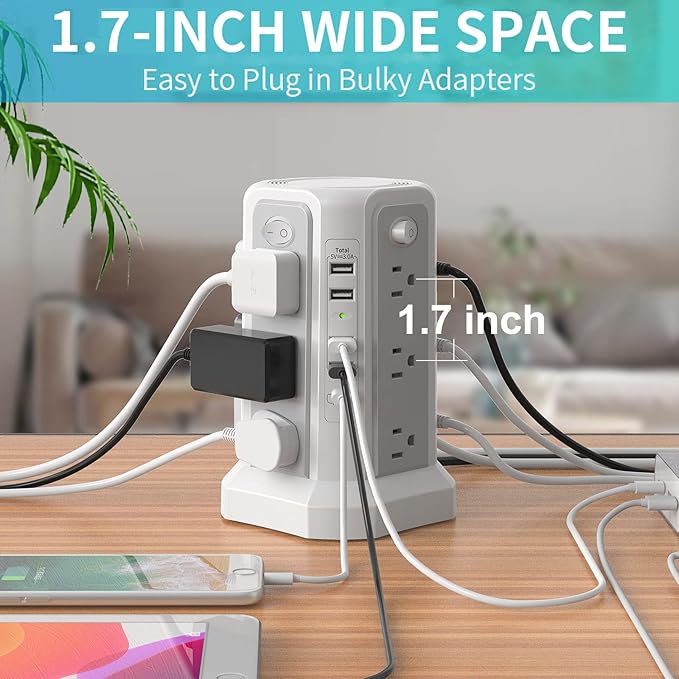 Surge Protector Power Strip Tower (13A 1625W) with 5 USB Ports (1 PD 20W), Extension Cord 10FT with 12 Multiple Outlets, Overload Protection Charging Tower for Home Office Dorm Room Essentials