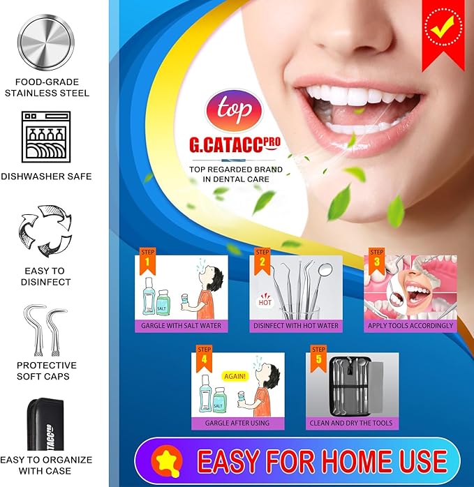 G.CATACC Dental Tools, Dental Pick Teeth Cleaning Tools Hygiene Kit, Plaque Remover for Teeth, Professional Stainless Steel Tooth Scraper Plaque Tartar Cleaner - with Case