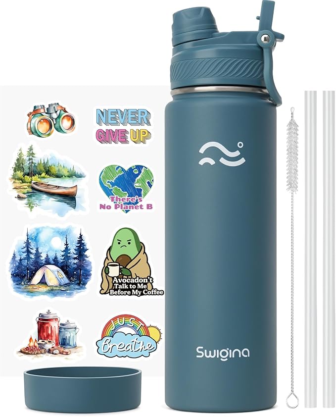 Insulated Water Bottle with Silicone Boot (36hrs Cold/18hrs Hot) - DIY Stickers, Leakproof, BPA Free, 24 oz [2-IN-1 LID]