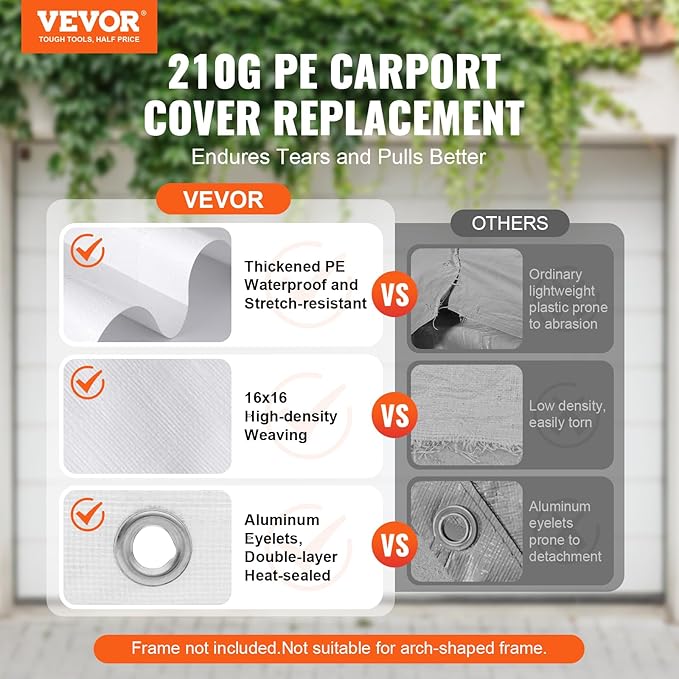 VEVOR 10x20' Canopy Replacement Cover Heavy Duty, Carport Garage Top Tent Shelter Tarp Waterproof & UV Protected, Easy Installation with 40 Free Ball Bungeess(Only Cover, Frame Not Include)
