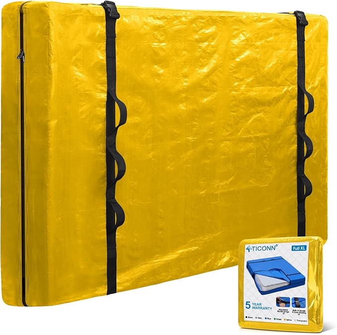 TICONN Mattress Bags for Moving, Heavy Duty Full XL Mattress Cover Storage Bag with Full-Around Handle and Adjustable Buckles (Yellow, Full XL)