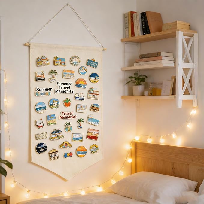 Winmany Wall Hanging Brooch Jewelry Storage Case Canvas Display Stand Enamel Pin Display Banner Holder Earrings Necklace Glitter Pin Collection Organizer (White)