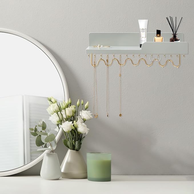 29 Hooks Wall Mount Necklace Holder Organizer, Gray Decorative Wood Jewelry Shelf with Gold Metal Wave Bar and Guardrail for Necklace, Pendant, Chain, Bracelet