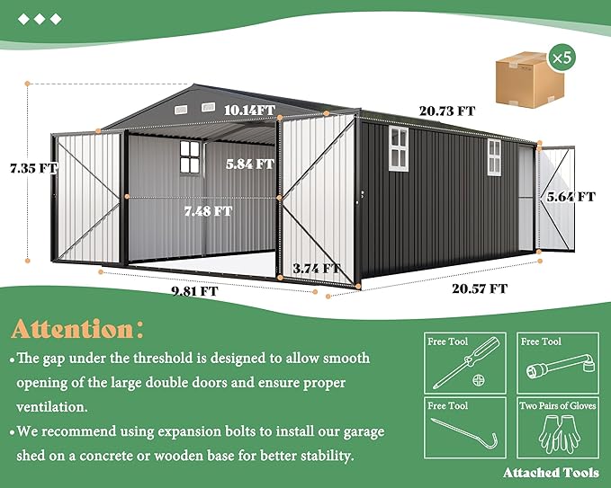 AMERLIFE 10x21x7.3 FT Outdoor Metal Garage Shed, Extra Large Storage Shed with Double Hinged Doors & 4 Windows, Carport for Car, Midsize SUV, Bike and Equipment Storage, Dark Gray