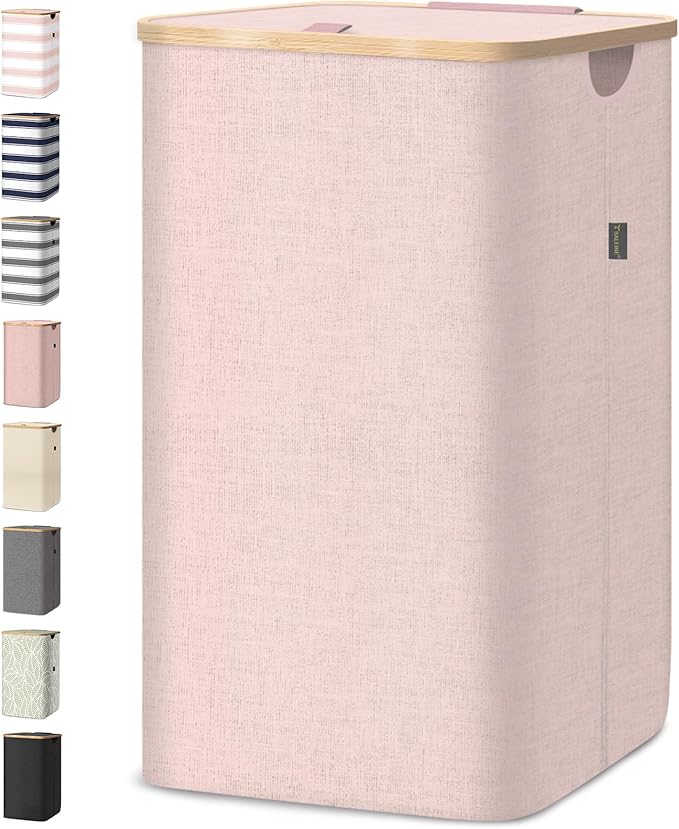 BALEINE Laundry Hamper with Lid, Tall Laundry Baskets with Bamboo Pull Handles, Large Laundry Bin with Internal Support (26 Gal/100L, Pink)