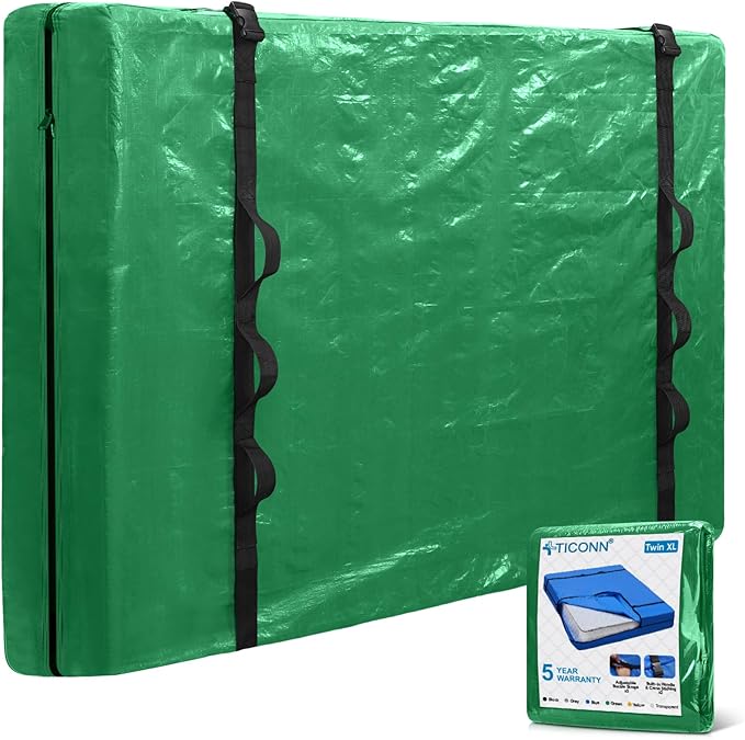 TICONN Mattress Bags for Moving, Heavy Duty Twin XL Mattress Cover Storage Bag with Full-Around Handle and Adjustable Buckles (Green, Twin XL)