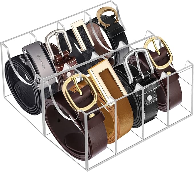 Acrylic 8 Compartment Belt Organizer - Clear Display Case for Closet Tie, Bow Tie, Watch, Jewelry, Bracelets, Ring