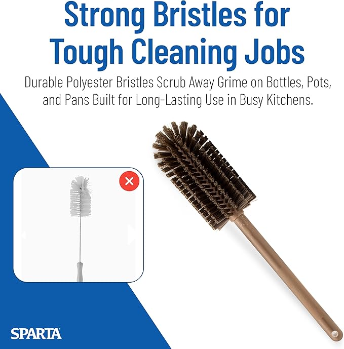 SPARTA Large Water Bottle Brush Ideal for Wide-Mouth Jars, Bottles and Tumblers, Dishwashing Tool with Handle for Home and Commercial Kitchens, Plastic, 16 Inches, Brown