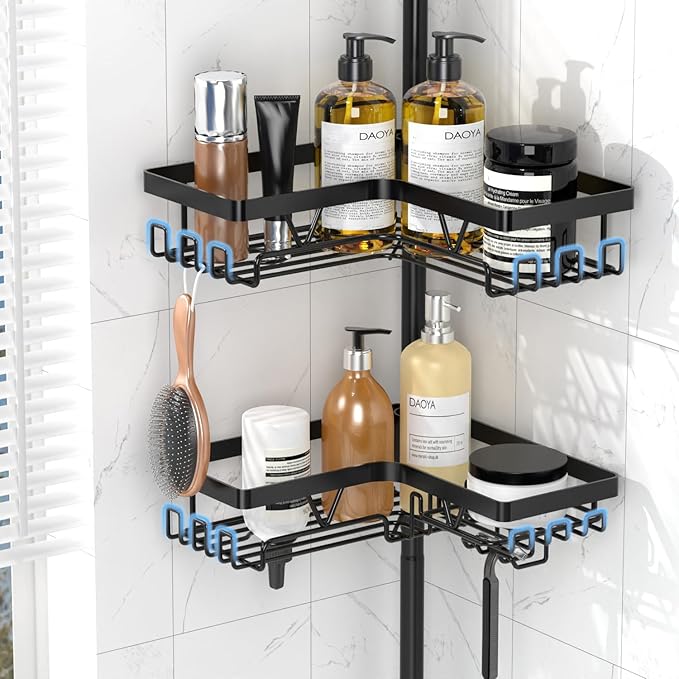 Shower Caddy Tension Pole, 4 Adjustable Corner Shower Caddy with 2 Towel Bars & 2 Soap Holders, Expands 25 to 114.2 Inches, Black Stainless Steel for bathroom/Tub/Corner