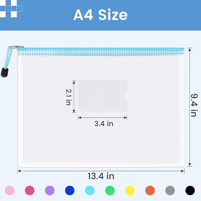 Sooez 32 Pack Mesh Zipper Pouch Bags, A4 Letter Size, Zipper Bags with Label Pocket, Waterproof Pouches for Classroom Organizer, Board Game Toy Storage, Document Bag for Teacher School Office Supplies