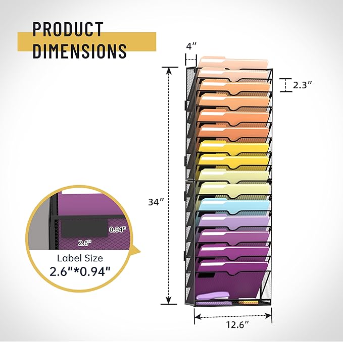 SUPEASY 16-Tier Hanging Wall File Holder Organizer for Papers, Folders, Files Clipboard & Magazine Organization Great for Office Home, Assembly Needed, Black