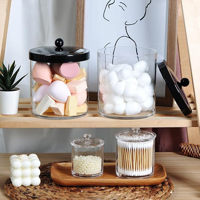 4 Pack 50Oz Large Plastic Apothecary Jar with Black Stainless Steel Lid - Shatterproof Laundry Pods Container - Modern Industrial Bathroom & Kitchen Storage Organizer for Scent Beads, Bath Bombs
