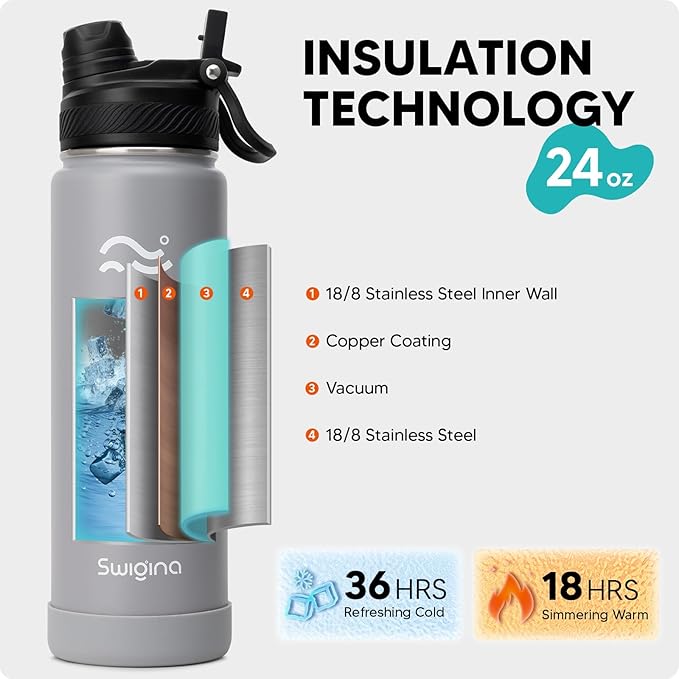 [2-IN-1 LID] Insulated Water Bottle with Silicone Boot (36hrs Cold/18hrs Hot) - DIY Stickers, Leakproof, BPA Free, 24 oz