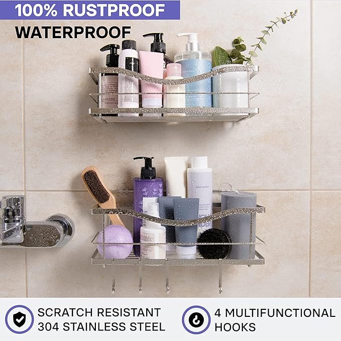 Luxury Multipurpose Storage Caddy, 12.75W x 5D x 5H inches, 4 Hooks, Peel and Stick, Rustproof Stainless Steel, Shower Organizer, Under-Sink, Spice Rack Wall Shelf (1)