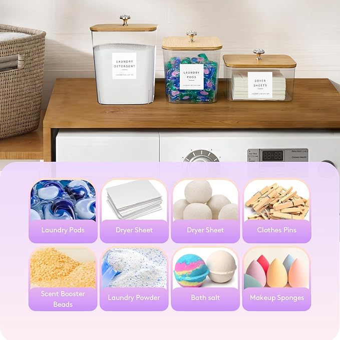 5 Pack Laundry Pod Containers and Dryer Sheet Holder for Laundry Room Organization Acrylic Jars with Lids and Labels for Laundry Detergent Laundry Pods Dry Sheet Organizing