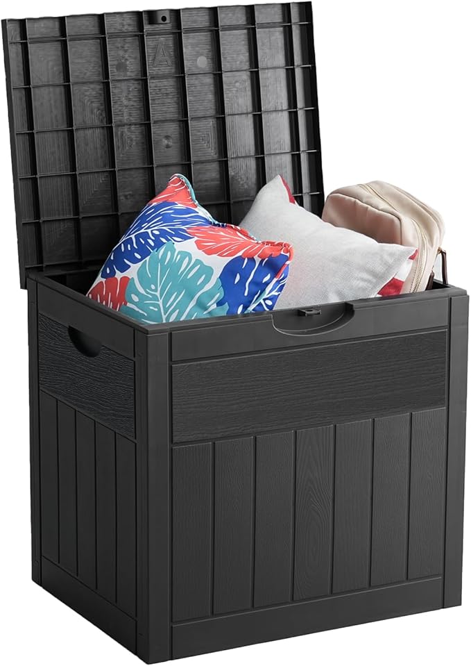 EHHLY 31 Gallon Deck Box, Small Outdoor Storage Box Waterproof, Lockable Secure Package Bin Delivery Box for Outside Front Porch, Patio Cushions Storage Box, Delivery Driver Snack Box for Porch, Black