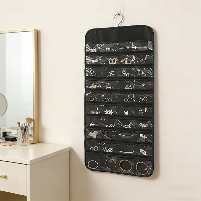Black Hanging Jewelry Organizer, 80 Clear Pockets Double-Sided Jewelry Holder, Wall Door Closet Hanging Storage for Earrings Necklaces Rings, Suitable Gift for Women