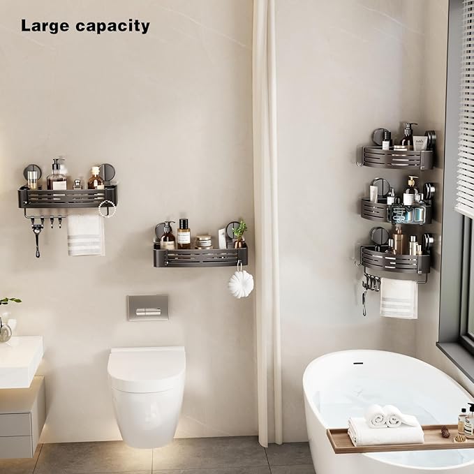 VOLPONE Shower Caddy Suction Cup No Drilling Suction Cup Shower Shelf Aluminum Bathroom Shower Organizer Storage Rack Adhesive with Towel Bar Hooks (2-Pack, Matte Gray)