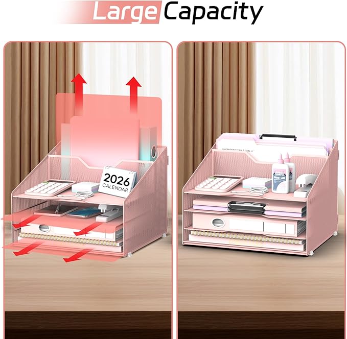 Desk File Organizer, Paper Organizer with 4 Letter Trays and 2 Vertical Upright Sections, Desk Organizers and Accessories for Office, School, Home (Pink)