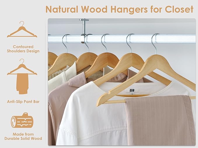 StorageWorks Wooden Hangers 30 Pack, Wood Coat Hangers for Closet, Heavy Duty Clothes Hangers for Suits, Shirts, Pants, Jackets, Natural Wood Color