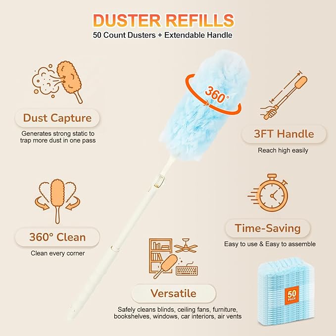 50 Count Heavy Duty Duster Refills for Swiffer Duster, Multisurface 360 Dusters Replacements with 3 ft Extended Handle, Unscented Disposable Dusters for Cleaning Home, Blinds, Ceiling Fans, Furniture
