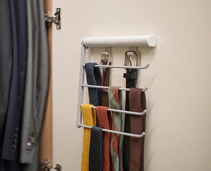 Joseph Joseph Orderly Belt, Tie & Scarf Hanging Rail, Closet Wardrobe Accessory Organizer, 4 Rails Rack Storage, 2 Belt Hooks