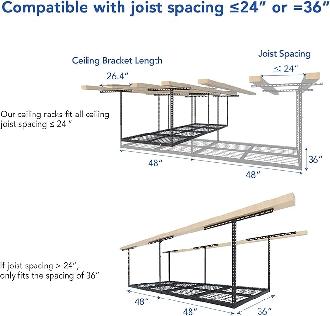 FLEXIMOUNTS 3x8 Overhead Garage Storage Rack,Adjustable Storage Organization System, Heavy Duty Metal Garage Ceiling Storage Racks, 2 pack, Black, Classic Series